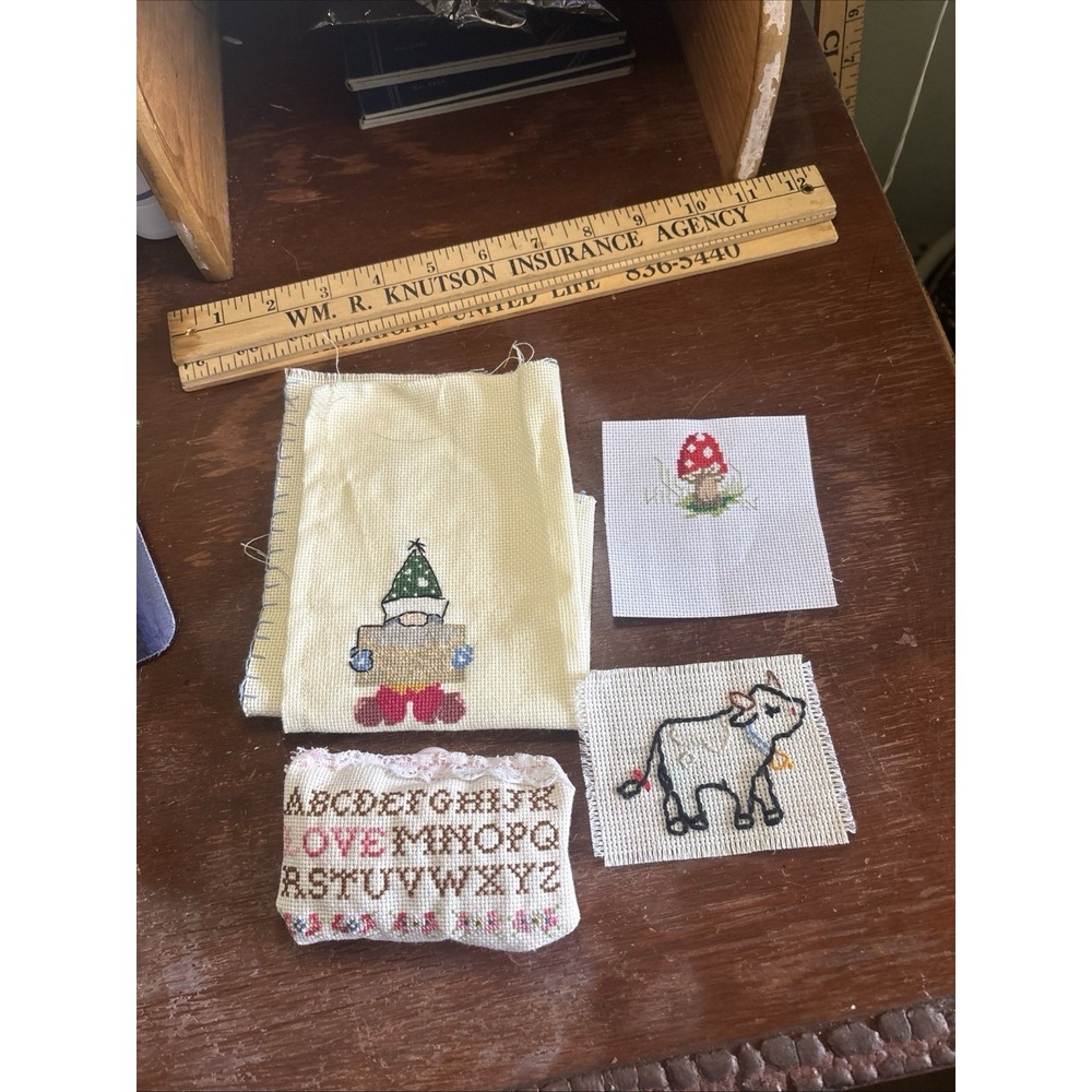Cross Stitch 4 Mini's Completed Finished Frame Ready Gnome, Cow, Mushroom, Love